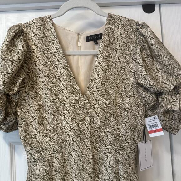 1.State NWT V-Neck Mini Dress Sz XS Oatmeal Bubble Puff Sleeve Hi-Low Hem Swing - Picture 7 of 16